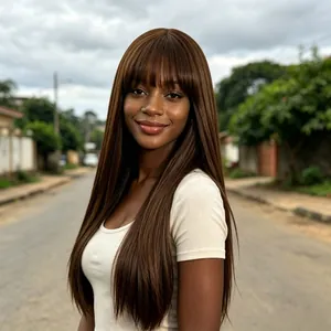 Beautiful long straight brown synthetic hair wig with air bangs shown in natural outdoor light