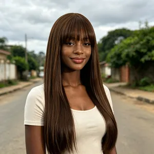 Detailed view showing the texture of a long straight brown wig with air bangs outdoors.