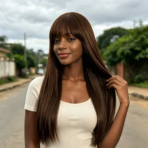 Detailed view of a long straight brown synthetic wig with air bangs worn by a model