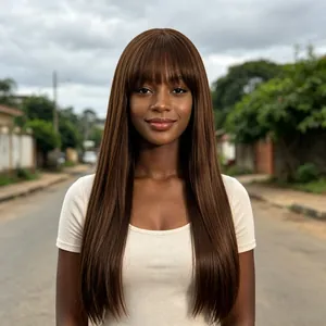 Women Long Straight Synthetic Hair Wig With Flat Bangs Natural Matte Heat Resistant Fiber Full Wig For Daily Party Use