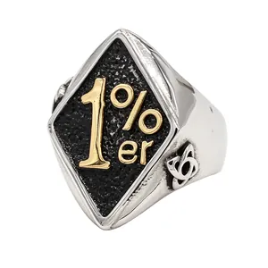 Vintage men's stainless steel biker ring with gold 1%er signet on black background