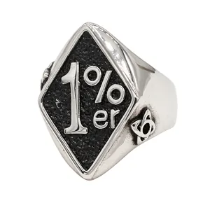 Men's retro silver titanium steel ring featuring a diamond-shaped 1%er biker design