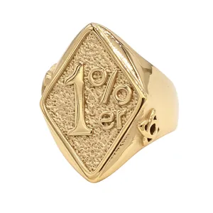 Vintage gold 1%er titanium steel biker signet ring for men with retro diamond face.