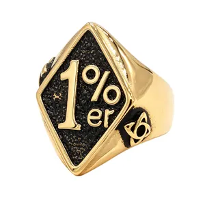 Vintage gold-plated 1% er signet ring for men, titanium steel with black diamond face