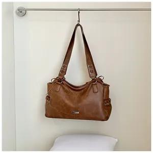 Grand sac cabas marron en cuir PU avec détails de lacets uniques et nœuds élégants