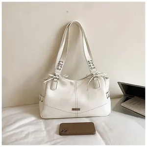 Grand sac cabas élégant en cuir PU blanc crème pour femme avec nœuds décoratifs