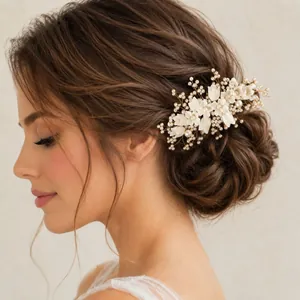 Gros plan d'un peigne à cheveux de mariée avec fleurs en résine et perles fait main