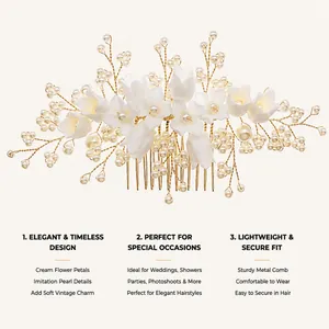 Peigne à cheveux de mariée fait main avec fleurs en résine crème et perles d'imitation