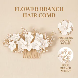 Vue détaillée du peigne à cheveux fait main avec fleurs en résine et perles, design en 3D