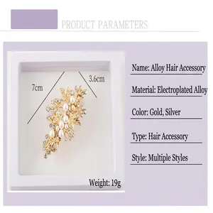 Detailed view of elegant alloy pearl and rhinestone hair clip with size 7cm x 3.6cm.