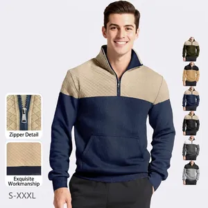 Men Color Block Sweatshirt Quarter Zipper Stand Collar Quilted Diamond Pattern Polyester Knit Pullover Casual Streetwear
