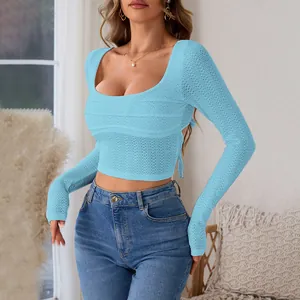 T-Shirt À Manches Longues Pour Femmes En Tricot Texturé Dos Nu Avec Nœud Col Carré Coupe Slim Crop Top Mode