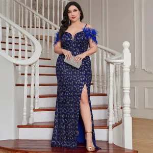 Robe de Soirée Maxi Grande Taille pour Femme à Paillettes et Plumes Col en V Bleu Roi Fente Haute Robe de Banquet Bal Fête Élégante Robe Formelle