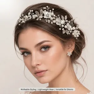 Bandeau Floral Mariée Fait Main Alliage Argenté Fausse Künstliche Perle Strass Fleur de Satin Vigne de Cheveux Accessoire de Mariage