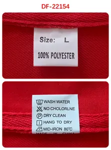 Close-up detail of clothing care label showing 100% polyester content and size L