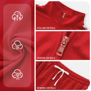 Detailed view of red sports tracksuit showing collar, zipper, and fabric texture