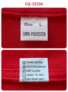 Close-up of size L and 100% polyester wash care label on red tracksuit