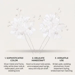 Elegant French bridal hair pins with handcrafted tulle flowers and matte pearls detail