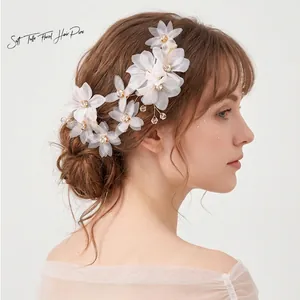 Handmade Mesh Flower Bridal Hair Stick With Faux Artificial Pearl Elegant Pastoral Wedding Hair Pin For Women French Vintage Headwear