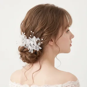 French style white fabric flower bridal hairpins with pearl accents for wedding hair