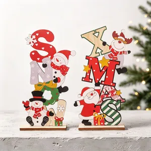 Christmas Desktop Ornament Wooden Painted SNOW XMAS Letters Santa Snowman Reindeer Tabletop Decoration Home Festive