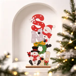 Festive wooden SNOW letter ornament with cute snowmen and wreath for holiday decor