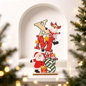 Detailed view of a colorful wooden XMAS letter ornament with Santa and reindeer
