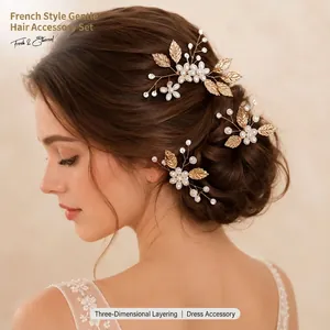 Luxus Braut Haarschmuck Gold Legierung Blatt Imitation Künstliche Perle Kristall Haarkamm Und Haarnadeln Handgewebt Hochzeit Zubehör Für Damen