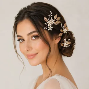 Elegantes Vintage Braut Haarkamm Set mit Goldblättern und Perlen für Hochzeitsfrisuren