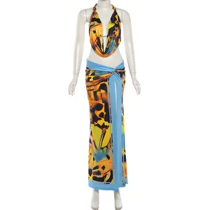 Sexy butterfly and leopard print halter neck backless top and split maxi skirt set