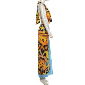 Sexy summer halter neck backless top and high slit maxi skirt set with butterfly print