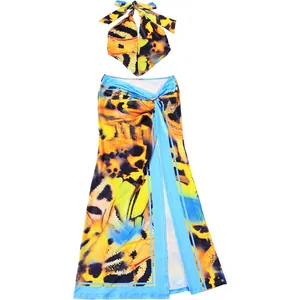 Detail view of butterfly wing print halter top and high slit skirt two-piece set