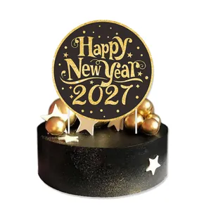 Elegant gold glitter Happy New Year 2027 cake topper for festive party decorations