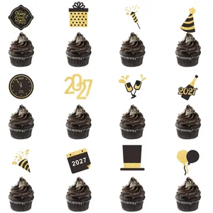 Cake Toppers Happy New Year 2026 Party Decorations Paper Glitter Black Gold Dessert Cupcake Inserts Holiday Celebration