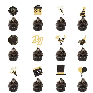 Detailed dimensions for 12 styles of 2027 New Year cupcake toppers in black and gold.