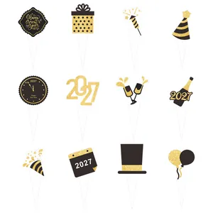 Set of 12 black and gold 2027 New Year party cupcake toppers with glitter detail