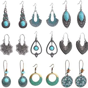 Assortment of bohemian style turquoise earrings with vintage silver and bronze finish