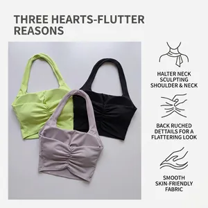 Halter neck sports bras in lime green, black, and purple with ruched details for yoga