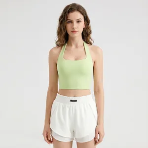 Women Halter Ruched Sports Bra Padded Yoga Tank Top Seamless Workout Fitness Crop Top Sexy Backless Athletic Shirt