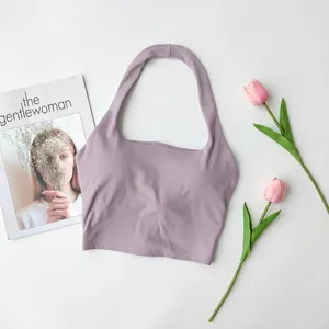 Elegant purple halter neck sports bra with built-in padding for yoga and fitness