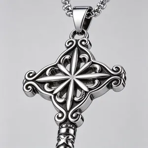 Close-up of ornate stainless steel key pendant with star motif details