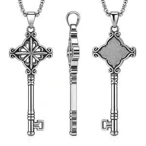 Detailed view of a gothic stainless steel key pendant necklace from multiple angles.