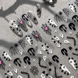 3D Embossed Halloween Nail Stickers Ghost Spider Web Bat Gothic Dark Style Adhesive Nail Art Decals For Women Manicure