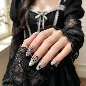 Gothic Halloween ghost and spider web nail stickers displayed on a hand with lace