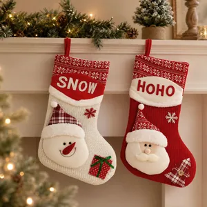 Nordic Knitted Christmas Stocking With Santa Claus Snowman 3D Applique Large Fireplace Hanging Candy Gift Bag Home Decor