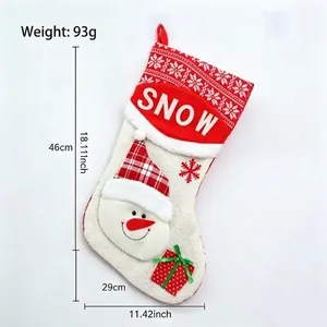 Detailed view of a snowman Christmas stocking with weight and size dimensions.