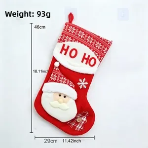 Detailed view of a red Santa Claus Christmas stocking with height and width measurements