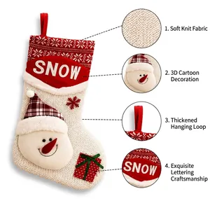 Detail view of knitted Christmas stocking with 3D snowman and SNOW lettering