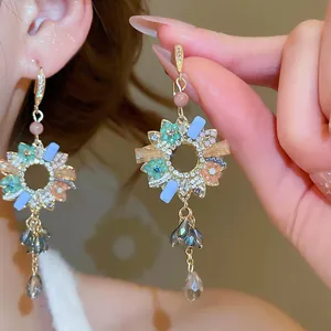 Elegant French vintage crystal fringe drop earrings with ornate colorful floral design