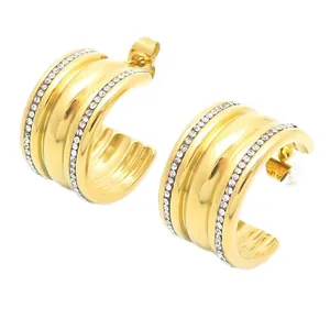 Chic gold-plated C-shaped titanium steel hoop earrings with four rows of rhinestones